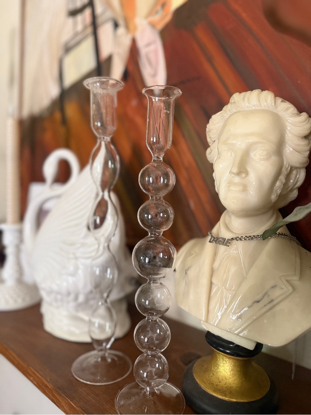 Clear blown Glass Bubble Candlestick Pair - Clear Modern Home Accent